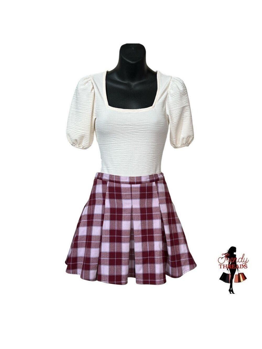 SO Juniors XS 1 Burgundy Pale Pink Plaid High Rise Pleated Flare Mini Skirt Twee